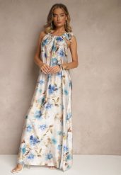 Jasnoniebieska Sukienka z Satyny w Kwiatowy Wzór Fenimea. Niebieskie sukienki Renee, na imprezę, s, bez wzorów, z satyny, eleganckie, bez kołnierzyka, bez ramiączek, maxi. W wyprzedaży za 143.99 zł.