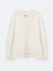 Sweter damski z dekoltem v-neck perłowy Mayamiya 103. Białe swetry BIG STAR, l, bez wzorów, z jeansu, eleganckie, bez ramiączek. W wyprzedaży za 179.99 zł.