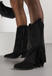 Czarne Botki Typu Kowbojki na Stożkowym Obcasie z Frędzlami Reinella. Czarne botki Born2be, bez wzorów, z jeansu, klasyczne, bez obcasa, na obcasie, bez zapięcia. Za 159.99 zł.