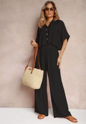 Czarny 2-Częściowy Komplet z Wiskozy Koszula o Luźnym Kroju Szerokie Spodnie Velvitela. Czarne koszule Renee, bez wzorów, z materiału, eleganckie, bez kołnierzyka, bez ramiączek. W wyprzedaży za 119.99 zł.