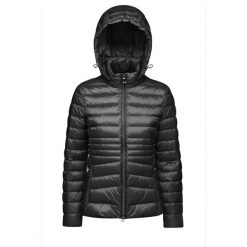 Damska kurtka z kapturem zapinana na zamek Geox Jaysen. Czarne kurtki Geox, bez wzorów, z puchu, z kapturem. Za 486.99 zł.