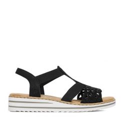 Sandały Rieker. Czarne sandały Rieker, bez wzorów, bez obcasa, na koturnie, bez zapięcia. Za 319.99 zł.