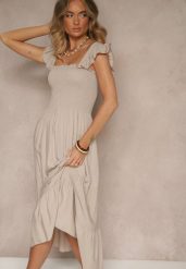 Beżowa Sukienka z Bawełny na Ramiączkach Ozdobiona Falbanami i Gumkami Mevalys. Brązowe sukienki Renee, na imprezę, l, bez wzorów, z bawełny, eleganckie, bez kołnierzyka, bez ramiączek, maxi, rozkloszowane. W wyprzedaży za 39.99 zł.