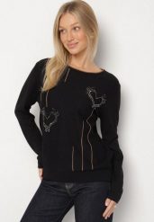 Czarny Sweter Ozdobiony Sercami z Cyrkonii Unaressa. Czarne swetry Born2be, l, z aplikacjami, z jeansu, eleganckie, bez ramiączek. Za 79.99 zł.