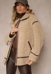 Beżowa Futerkowa Kurtka o Kroju Oversize z Wysokim Kołnierzem z Paskiem z Klamerką Toriara. Brązowe kurtki Renee, l, bez wzorów, eleganckie, bez kaptura. Za 339.99 zł.