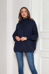 Oversizowy Sweter z Luźnym Golfem - Granatowy. Niebieskie swetry Lanti, uniwersalny, bez wzorów, z materiału, bez ramiączek. Za 249.90 zł.