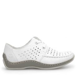 Półbuty Rieker. Białe półbuty wsuwane Rieker, bez wzorów, bez obcasa, na płaskiej podeszwie. Za 299.99 zł.