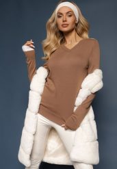 Brązowy Sweter w Klasycznym Stylu z Dekoltem w Serek Feliriel. Brązowe swetry Renee, m, z aplikacjami, z jeansu, biznesowe, bez ramiączek. W wyprzedaży za 63.99 zł.