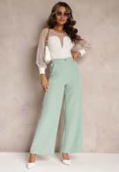 Jasnozielone Spodnie Szerokie Laodaleia. Zielone jeansy Renee, l, bez wzorów, z jeansu, eleganckie, z podwyższonym stanem, długie. W wyprzedaży za 67.99 zł.