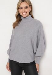 Szary Golf z Wiskozą w Stylu Nietoperza ze Ściągaczami Sallonia. Szare swetry Born2be, s, bez wzorów, z jeansu, eleganckie, bez ramiączek. W wyprzedaży za 42.49 zł.