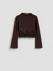 Bluzka z koronką - ciemnobrązowy. Brązowe bluzki Reserved, l, bez wzorów, z dzianiny, bez kołnierzyka, bez ramiączek. Za 109.99 zł.