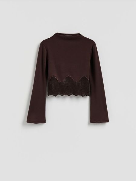 Bluzka z koronką - ciemnobrązowy. Brązowe bluzki Reserved, l, bez wzorów, z dzianiny, bez kołnierzyka, bez ramiączek. Za 109.99 zł.