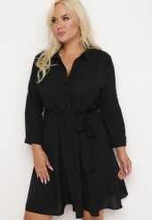Czarna Rozkloszowana Mini Sukienka Zapinana na Guziki z Materiałowym Paskiem Vleco. Czarne sukienki Born2be, l, bez wzorów, z materiału, bez kołnierzyka, plus size, bez ramiączek, mini, koszulowe. Za 39.99 zł.
