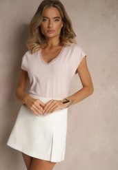 Jasnoróżowy T-shirt z Bawełny Ozdobiony Koronką Ralienne. Czerwone t-shirty Renee, l, bez wzorów, z bawełny, bez kołnierzyka, bez ramiączek. W wyprzedaży za 47.99 zł.