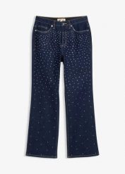 Jeansy straight, mid waist, zdobione kryształkami. Niebieskie jeansy bonprix, z aplikacjami, z denimu. Za 159.99 zł.
