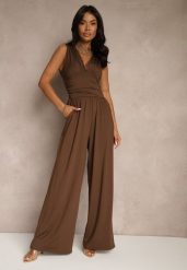 Brązowy Taliowany Kombinezon Wide Leg z Wiskozą Baniselia. Brązowe sukienki Renee, na co dzień, l, bez wzorów, z jeansu, eleganckie, bez kołnierzyka, bez ramiączek. W wyprzedaży za 116.99 zł.