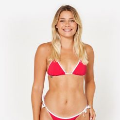 Góra kostiumu kąpielowego surfingowego damska Olaian Mae frotte. Czerwone bikini OLAIAN, bez wzorów, z elastanu, sportowe. Za 59.99 zł.