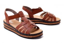RIEKER 62918-22 brown, sandały damskie. Brązowe sandały Rieker, bez wzorów, bez obcasa, na koturnie, bez zapięcia. Za 279.90 zł.
