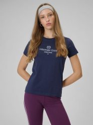 4F T-shirt regular z nadrukiem damski - granatowy L. Niebieskie t-shirty 4f, l, bez wzorów, z dzianiny, bez kołnierzyka, bez ramiączek. Za 59.99 zł.