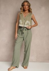 Zielone Klasyczne Spodnie High Waist z Lnu i Bawełny Wiązane w Talii Linelira. Zielone jeansy Renee, l, bez wzorów, z bawełny, eleganckie, z podwyższonym stanem. W wyprzedaży za 63.99 zł.