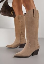 Ciemnobeżowe Kozaki Typu Kowbojki na Stożku z Naturalnego Zamszu Adeora. Brązowe kozaki Renee, bez wzorów, z jeansu, eleganckie, bez obcasa, na obcasie, bez zapięcia. Za 259.99 zł.