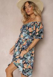 Granatowa Sukienka z Bawełny w Kwiatowy Print Dimizama. Niebieskie sukienki Renee, na co dzień, l, bez wzorów, z bawełny, eleganckie, bez kołnierzyka, bez ramiączek, mini, kopertowe. W wyprzedaży za 39.99 zł.