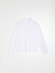 Bawełniana koszula z ażurowym wykończeniem rękawa - biały. Białe koszule Sinsay, l, w ażurowe wzory, z bawełny, bez kołnierzyka, bez ramiączek. Za 49.99 zł.