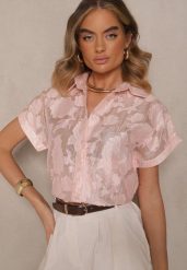 Różowa Koszula z Krótkim Rękawem Zdobiona Kwiatowym Wzorem Frorela. Czerwone koszule Renee, m, z aplikacjami, eleganckie, bez kołnierzyka, bez ramiączek. W wyprzedaży za 69.99 zł.