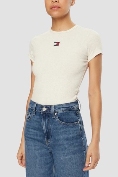 TOMMY JEANS Beżowy damski t-shirt, Rozmiar L. Brązowe t-shirty Tommy Jeans, l, bez wzorów, z jeansu, bez kołnierzyka, bez ramiączek. W wyprzedaży za 95.99 zł.