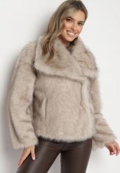 Beżowa Kurtka Futerko z Szerokim Kołnierzem Vertilira. Brązowe kurtki Born2be, xl, bez wzorów, z futra, eleganckie, bez kaptura. W wyprzedaży za 178.49 zł.