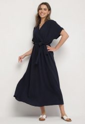 Granatowa Sukienka z Bawełną i Ozdobnym Paskiem Lunistra. Niebieskie sukienki Born2be, na co dzień, l, z aplikacjami, z bawełny, eleganckie, bez kołnierzyka, bez ramiączek, maxi. W wyprzedaży za 72.24 zł.