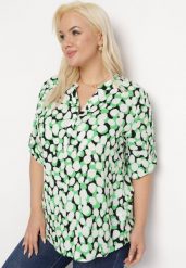 Zielono-Biała Bluzka z Trójkątnym Dekoltem w Fantazyjny Print Anola. Zielone bluzki Born2be, xl, bez wzorów, biznesowe, bez kołnierzyka, bez ramiączek. Za 39.99 zł.