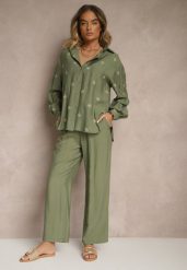Zielony Wiskozowy Komplet Oversize Zdobiony Haftem Koszula i Spodnie Sadrianae. Zielone koszule Renee, l, z aplikacjami, z materiału, eleganckie, bez kołnierzyka, bez ramiączek. W wyprzedaży za 119.99 zł.