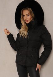 Czarna Kurtka z Pikowaniem Odpinanym Kapturem i Futerkiem z Paskiem Vortinay. Czarne kurtki Renee, xl, bez wzorów, z jeansu, eleganckie. Za 129.99 zł.