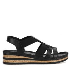 Sandały Go Soft. Czarne sandały GO SOFT, bez wzorów, bez obcasa, na koturnie, bez zapięcia. Za 169.99 zł.