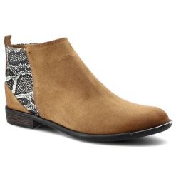Botki damskie Carinii, naturalna skóra zamszowa z kontrastową wstawką o fakturze skóry węża z tyłu cholewki oraz niskim stabilnym obcasem, rude, B567. Brązowe botki Carinii, bez wzorów, z jeansu, biznesowe, bez obcasa, na obcasie, bez zapięcia. Za 269.00 zł.