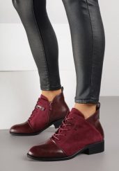 Bordowe Sznurowane Botki Vices z Łączonych Materiałów Atevitte. Czerwone botki Born2be, bez wzorów, z jeansu, biznesowe, bez obcasa, na płaskiej podeszwie, bez zapięcia. Za 99.99 zł.