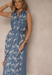 Niebieska Sukienka Koszulowa z Wiązanym Paskiem i Haftowanym Zdobieniem Malenea. Niebieskie sukienki Renee, na co dzień, l, z aplikacjami, z jeansu, eleganckie, bez kołnierzyka, bez ramiączek, maxi, koszulowe. W wyprzedaży za 111.99 zł.