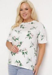 Biały T-shirt Koszulka z Krótkim Rękawem w Kwiaty Henubia. Białe t-shirty Born2be, l, bez wzorów, z materiału, eleganckie, bez kołnierzyka, bez ramiączek. Za 39.99 zł.
