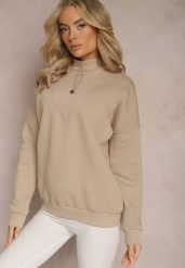 Beżowa Ocieplana Bluza Bawełniana z Półgolfem Heraia. Brązowe bluzy Renee, bez wzorów, z bawełny, bez kaptura. W wyprzedaży za 79.99 zł.