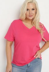 Różowy Bawełniany T-shirt z Trójkątnym Dekoltem Nusalia. Czerwone t-shirty Born2be, uniwersalny, bez wzorów, z bawełny, bez kołnierzyka, bez ramiączek. W wyprzedaży za 29.74 zł.