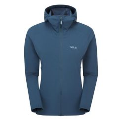 Kurtka softshellowa damska Rab Borealis Hoody z kapturem. Niebieskie kurtki przejściowe sportowe RAB, bez wzorów, z softshellu, z kapturem, trekkingowe. Za 539.99 zł.