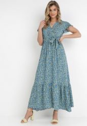 Niebieska Sukienka Lalosyne. Niebieskie sukienki Born2be, s, z aplikacjami, bez kołnierzyka, bez ramiączek, maxi, kopertowe. Za 109.99 zł.