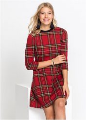 Sukienka mini żakardowa w kratę. Czerwone sukienki bonprix, bez wzorów, z żakardem, bez kołnierzyka, bez ramiączek, mini. Za 137.99 zł.