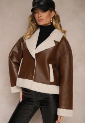 Brązowa Kurtka Biker w Stylu Ramoneski z Futrzanym Ociepleniem Nikinia. Brązowe kurtki Renee, l, bez wzorów, z futra, eleganckie, bez kaptura. W wyprzedaży za 188.99 zł.