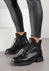 Czarne Skórzane Botki w Stylu Workerów Giomira. Czarne botki Born2be, bez wzorów, z dresówki, bez obcasa, na płaskiej podeszwie, bez zapięcia. Za 229.99 zł.