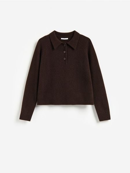 Wełniany sweter z kołnierzem - brązowy. Brązowe swetry Reserved, l, bez wzorów, z wełny, bez ramiączek. Za 199.99 zł.