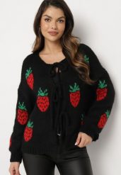 Czarny Kardigan Wiązany z Domieszką Wełny i Wiskozy Ozdobiony Wzorem w Truskawki Cesiella. Czarne swetry Born2be, na lato, z aplikacjami, z jeansu, eleganckie, bez ramiączek. W wyprzedaży za 118.99 zł.