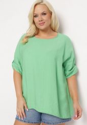 Zielony Wiskozowy T-shirt Koszulka z Krótkim Rękawem Podwijanym i Haftem na Plecach Mleoria. Zielone t-shirty Born2be, bez wzorów, z wiskozy, bez kołnierzyka, bez ramiączek. Za 99.99 zł.