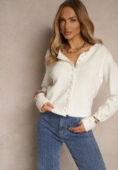 Biały Rozpinany Kardigan z Wełną Kornelira. Białe swetry Renee, bez wzorów, z jeansu, eleganckie, bez ramiączek. W wyprzedaży za 135.99 zł.